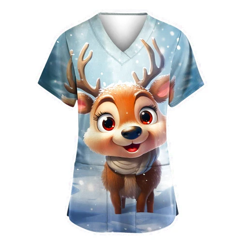 GAANBODI Christmas Scrub Tops Women Cute Xmas Printed Nursing Uniform Shirts Pattern V-Neck T-Shirts Scrubs Top with Pockets