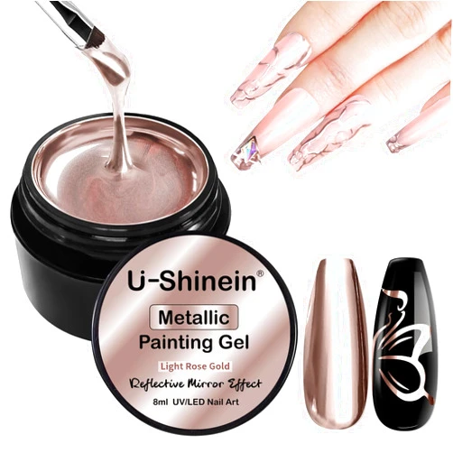 U-Shinein 8ml Metallic Painting Nail Polish Gel, Light Rose Gold Painted Gel Nail Polish, 3D Metal Painting Gel Drawing Mirror Nail Gel Polish Glossy Soak Off UV/LED DIY Nail Manicure