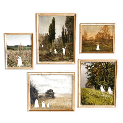 JarThenaAMCS 5Pcs Halloween Wall Art Prints Vintage Ghostly Wall Decor Cute Ghost in Nature Art Poster for Gallery Home Wall Living Room Bedroom Decor (UNFRAMED)