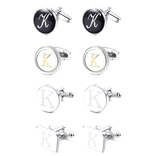 LOYALLOOK 4Pairs Men's Initial Letter Shirts Cufflinks Engraved Shirt Cufflink Alphabet Set Fashion Dazzle Tuxedo Cufflinks Business Wedding Father's DayGift