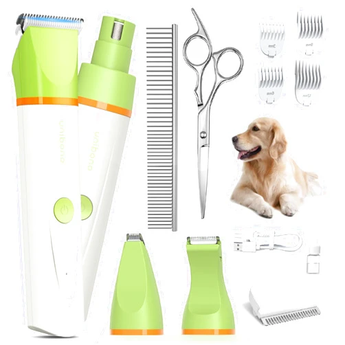 Unibono Dog Grooming Kit with Paw Trimmer, All-in-One Low Noise Electric Rechargeable Cordless Small Quiet Pet Clippers Foot Dog Hair Shaver with Stainless Steel Scissors and Comb for Dogs Cats at Home
