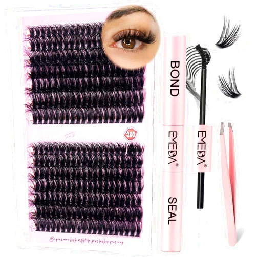 EMEDA Fluffy Lash Clusters Kit 10mm - 18mm Long Eyelash Clusters 60D 80D 280pcs D Curl 3D Effet Thick Diy Lash Extenion Kit with Lash Bond and Seal, Applicator by EMEDA (60D+80D 0.07D 10-18mm MIX 3D KIT)