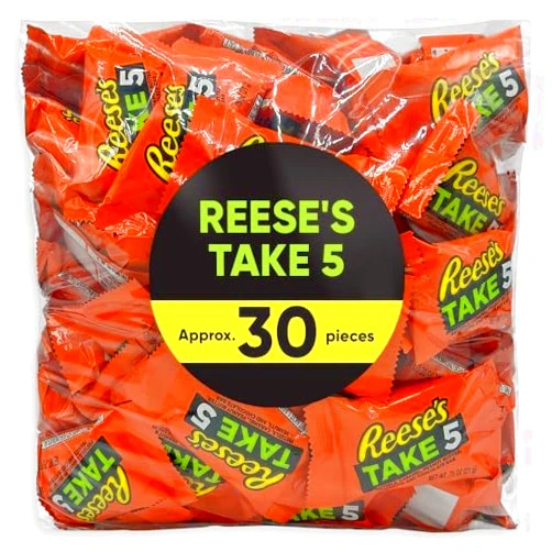 CHAIN & JO SWEETS Reeces Take 5 Candy Bar Snack Size - 1.5 Pounds Approx 30 Pieces Of Crunchy Pretzels - Smooth Peanut Butter - Salty Peanuts & Sweet Caramel All Covered In A Chocolaty Coating - Individually Wrapped - Take Five Candy Bars Snack Size