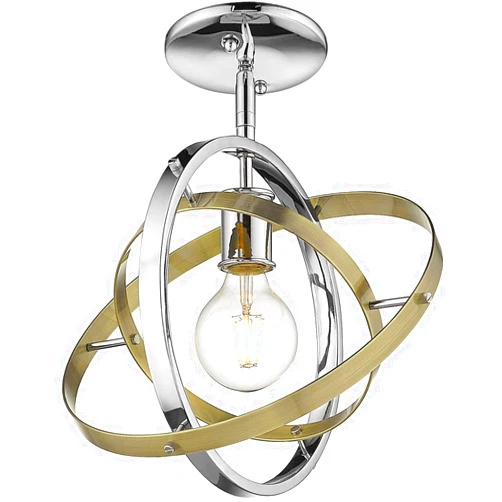 Golden Lighting 7936-1SF CH AB Atom Semi-Flush/Pendant, Chrome with Two Aged Brass Rings