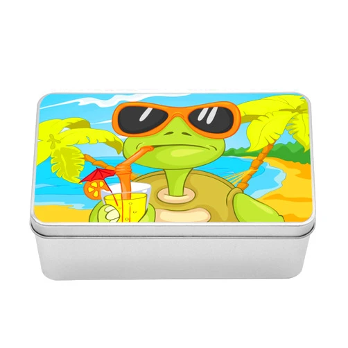 Ambesonne Turtle Metal Box, Cool Sea Turtle with Sunglasses Drinking Cocktail at the Beach Cartoon, Multi-Purpose Rectangular Tin Box Container with Lid, 7.2