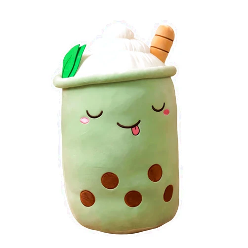 VICKYPOP Boba Plush Toy Cute Stuffed Bubble Tea Food Shaped Throw Pillow Cushion Cartoon Fruit Milk Tea Gift for Kids (Green Closed, 13.7 inches)