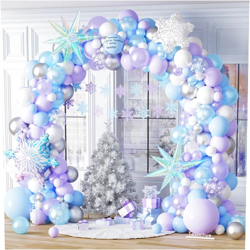 Tesochye Ice Snow Birthday Party Decorations, 159 PCS Snowflake Balloon Garland Arch Kit,Blue Purple Iridescent Exploding Star Foil Balloon for Princess Winter Wonderland Birthday Christmas Party Decor