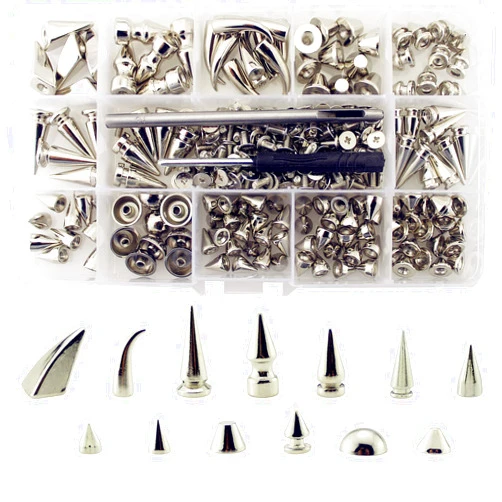 Korisitar Assorted Styles 140 Sets Screw Back Studs and Spikes Kit with Tools Silver Leather Craft Rivets Bullet Cone DIY Accessories