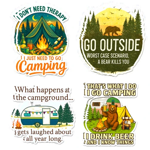 630PM Funny Camping Stickers Pack – 8PCS Waterproof Vinyl Decals with Hilarious Quotes for Campers, RV Owners, Outdoor Lovers, Gifts for Men Women Tent Travel Adventure Gear, Laptop Water Bottle Decor