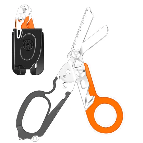Awaiymi 6 In 1 Multi-function Trauma Shears With Holster, Stainless Steel Foldable Emergency Response Shears, Outdoor Camping Rescue Scissors Tools With Strap Cutter and Glass Breaker Orange