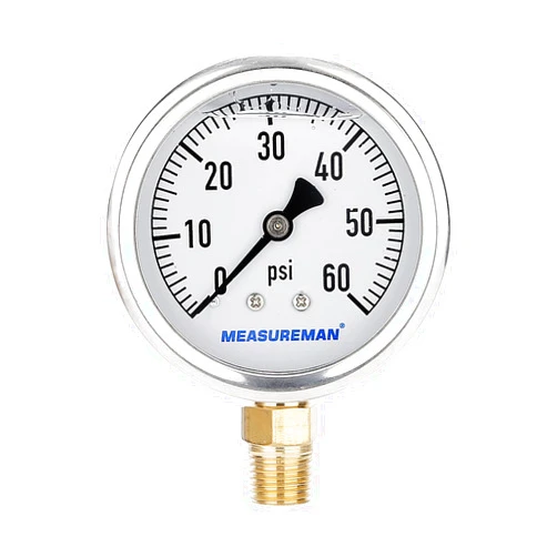 MEASUREMAN 2-1/2inch Dial Size, Glycerin Filled Plumbing Pressure Gauge, 0-60psi, Stainless Steel Case, 1/4inchNPT Lower Mount