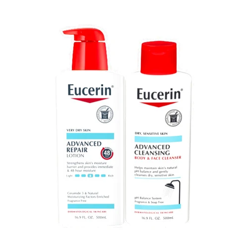 Eucerin Advanced Repair Unscented Body Lotion for Dry Skin (16.9 Fl Oz) + Advanced Cleansing Body and Face Cleanser for Sensitive Skin, Fragrance Free (16.9 Fl Oz)