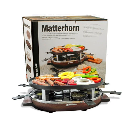 SwissMar Matterhorn Oval Raclette Table Grill Indoor w/ Wood Base - Reversible Cast Aluminum Non-Stick Grill Plate - Tabletop BBQ, Perfect for Parties & Family Bonding - 8-Person