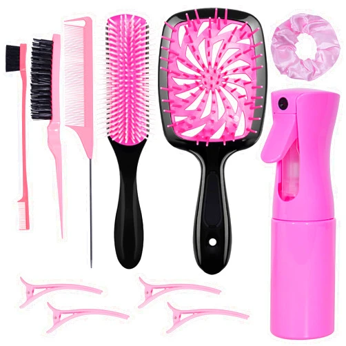 FlyLanyards 11 Pcs Hair Brush Set, Detangle Hair Brush And Spray Bottle, 3 Pieces Smooth Hairbrush For Toddlers, Suitable For Wet and Dry Hairstyles, Suitable For Adults And Children. (Pink)
