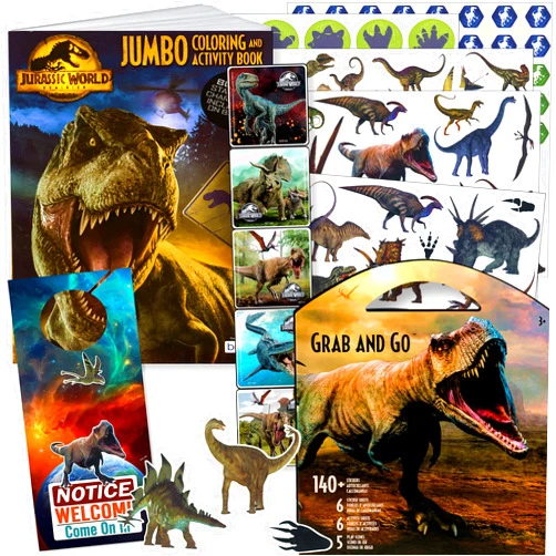 Generic Jurassic World Dinosaur Stickers and Coloring Activity Set – Bundle Includes Dinosaur Stickers Grab and Go, Jurassic World Coloring Book, Dinosaur Reward Stickers, and Dinosaurs Door Hanger Craft