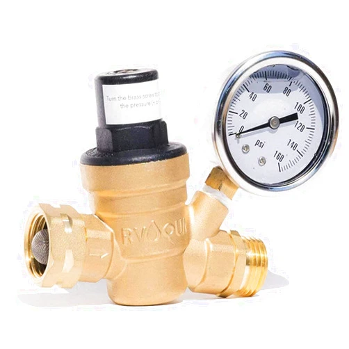 Kozyvacu RVAQUA M11-45PSI Adjustable Water Pressure Regulator for RV Camper - Essential RV Accessories with 160 PSI Gauge, Inlet Stainless Screened Filter - Lead-Free Brass RV Water Pressure Reducer