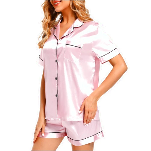 Finvizo Womens Silk Satin Pajamas Set: Soft Short Sleeve Two-piece Pjs Silky Button-down Sleepwear Loungewear Shorts Set