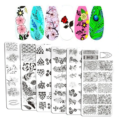 WOKOTO 6Pcs Flower Nail Stamp Plates For Nail Art Plates Rose Flower Feather Nail Stamping Plates For Nails Designs Plates Nail Stamps Kit For Nail Art Stamping Kit Nail Stencils For Women Nail Tools
