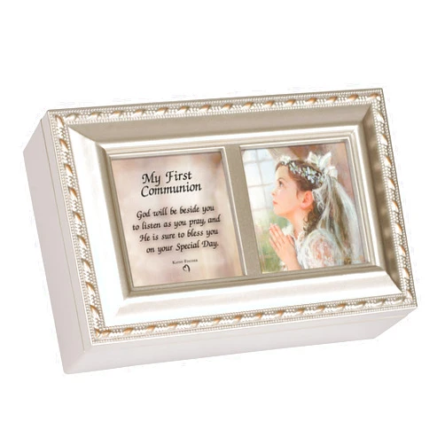 Cottage Garden First Communion God Beside You Brushed Silvertone Jewelry Music Box Plays Amazing Grace