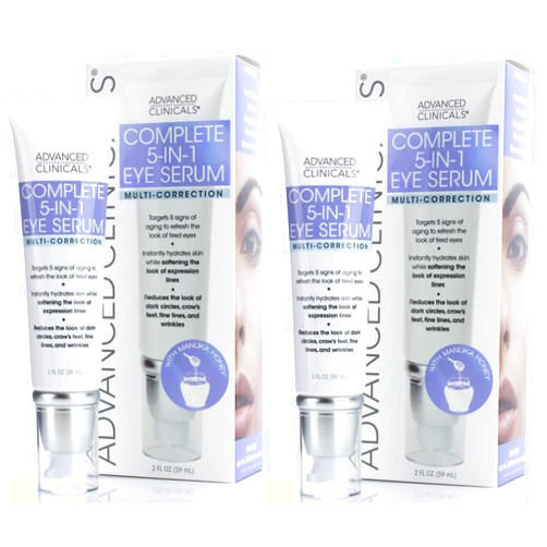 Advanced Clinicals 5-in-1 Multi Correction Anti-Aging Eye Serum w/Retinol, Collagen, Vitamin C, & Manuka Honey. For dark circles, wrinkles, crow's feet, fine lines. (Two - 2oz)