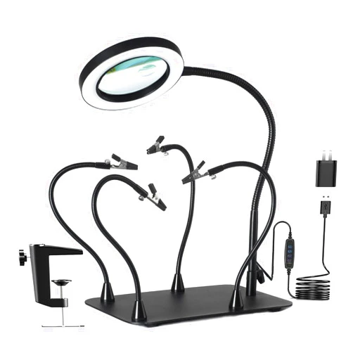 KUVRS 5X&10X Magnifying Glass with Light and Stand, Flexible Magnetic Helping Hand, Large Base & Clamp Magnifying Lamp, 3 Color Adjustable Arm Desk Magnifier with Light for Soldering Craft Hobby
