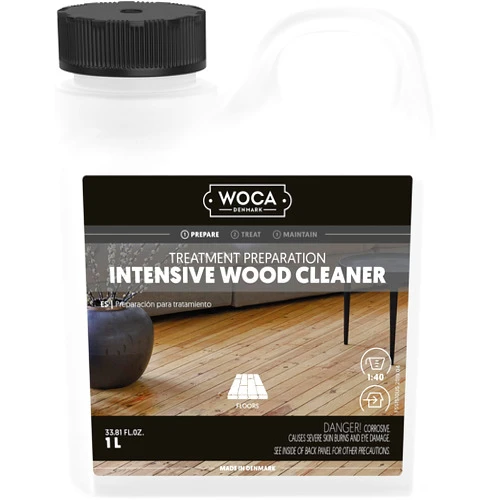WOCA Intensive Wood Cleaner |1 L| is a concentrated formula for the preparing and treatment of raw wood to accept wood stains, soap finishes, oil finish, hardwax oil finish, UV oiled finish