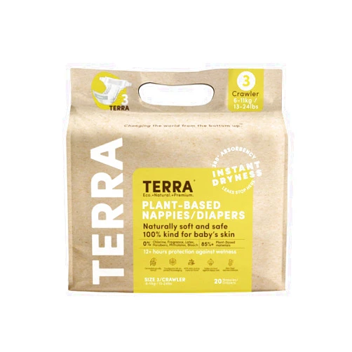 Terra Size 3 Diapers: 85% Plant-Based, Ultra-Soft & Chemical-Free for Sensitive Skin, High Absorbency for 13-24 lb Babies, 20 Count