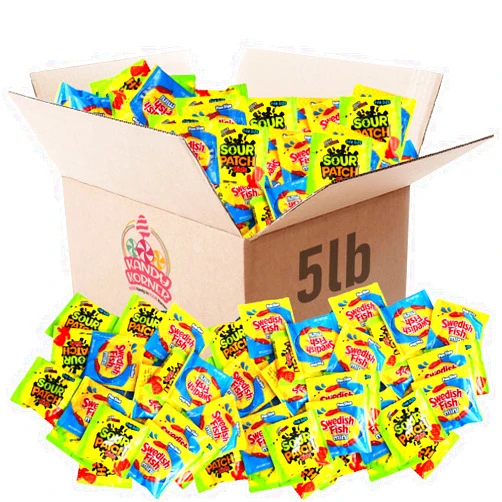 Kandy Korner Sour Patch Kids & Swedish Fish Mini Variety Pack - Gummy Candy Individually Wrapped Sour Patch Kids Sour Sweet Treats and Swedish Fish Candies Fun Sharing Size for Children and Adults, 5lb Bulk Bag
