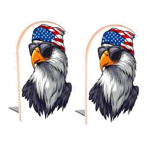 Buyidec Book Ends Bald Eagle American Flag Bandana Wood Bookends for Shelves to Hold Books Heavy Duty Non-Skid Book Stoppers Wood Decorative Home Office School