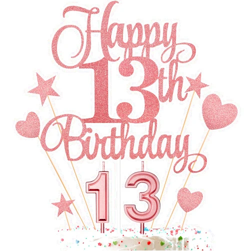 HOGRTi 13th Birthday Cake Decorations Set Include 13th Birthday Candles Numeral 13 Cake Candles and Happy 13th Birthday Cake Toppers with Heart Star Cupcake Picks for Birthday Party (Rose Gold Series)