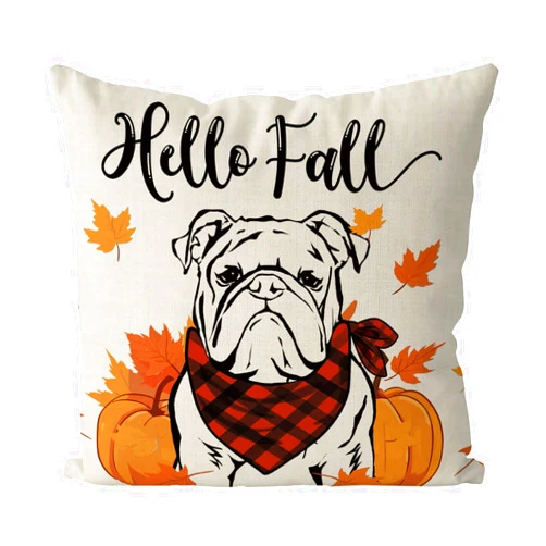 QIONG MENG Fall Pillow Covers 18x18 Inch English Bulldog Throw Pillow Covers Autumn Harvest Dog Pillowcase Farmhouse Home Decorations Sofa Bedroom Cushion Case