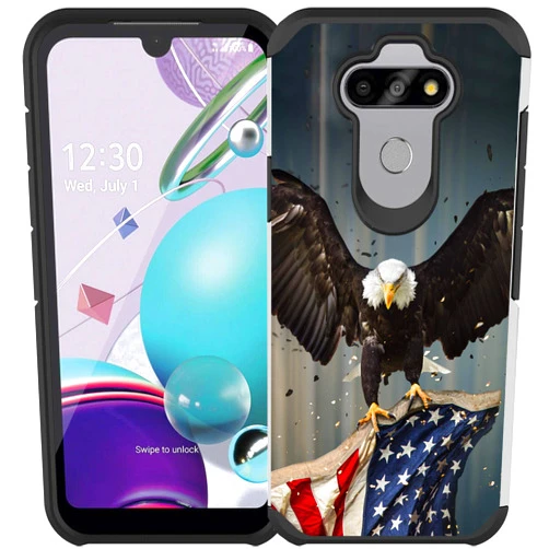 Cass Creations Case Compatible with LG Aristo 5, Phoenix 5, Fortune 3, Tribute Monarch, Risio 4, K8x, Dual Layer Shock Proof Bumper Protective Phone Cover - American Bald Eagle Flying with Flag