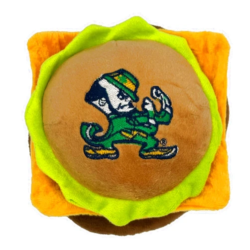 Pets First NCAA Notre Dame Cheese Burger Plush Dog & CAT Squeak Toy - Cutest Stadium HAMBERGER Snack Plush Toy for Dogs & Cats with Inner Squeaker & Beautiful Basketball Team Name/Logo, Team Color