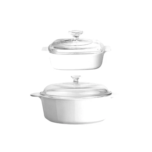 CorningWare 4 Piece Pyroceram Classic Casseroles 2.4 qt/2.25L Round & 2.1 qt/2L Square Cooking Pots With Handles & Glass Lid - White