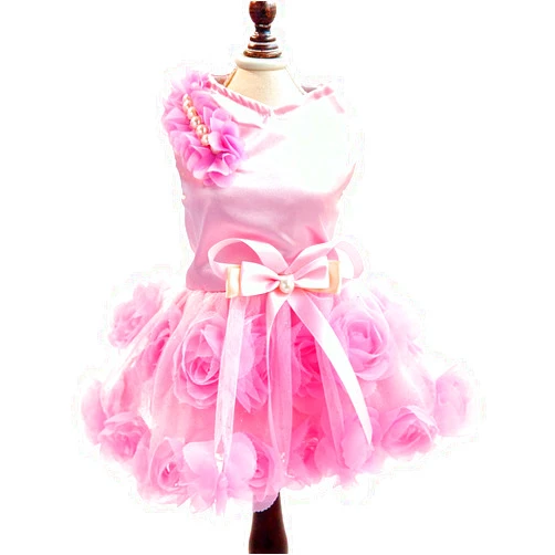 SMALLLEE_LUCKY_STORE Pet Small Dog Wedding Dress with Bowknot Birthday Party Costume Satin Rose Pearls Girl Formal Dress Cat Tutu Pink XL