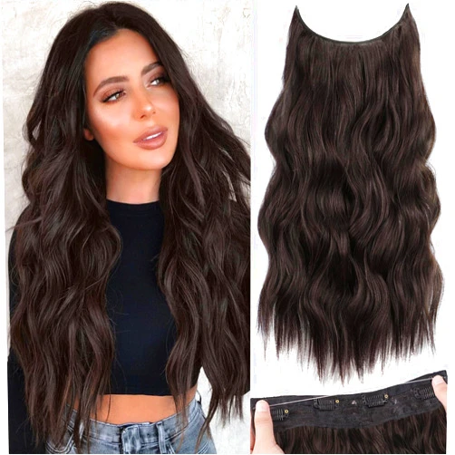 KooKaStyle Invisible Wire Hair Extensions with Transparent Wire Adjustable Size 4 Secure Clips Long Wavy Secret Hairpiece 20 Inch Dark Brown for Women