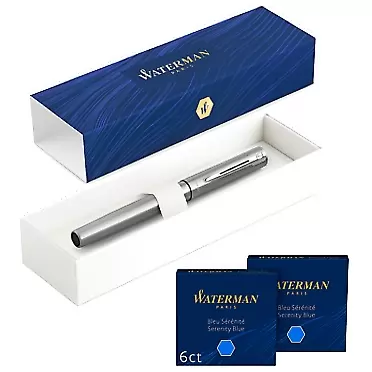 Waterman Allure Fountain Pen | Chrome | Fine Nib | with 12 Short Blue Ink Cartridges | Gift Box chrome fountain pen Pen + Cartdriges
