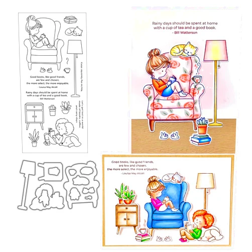 Zshyocta Girl with a Book on Sofa Stamps and Dies Set for Card Making,Clear Stamps and Metal Cutting Dies Sets for Scrapbooking DIY Album Card Making Supplies