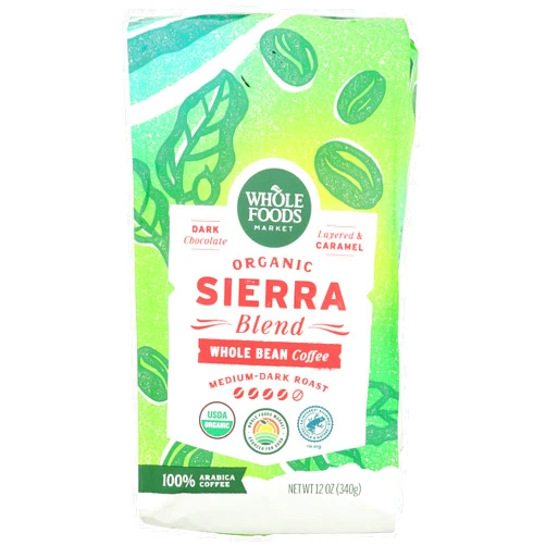Whole Foods Market, Organic Sierra Blend Whole Bean Coffee, Medium-Dark Roast, Dark Chocolate & Caramel, 12 Ounce
