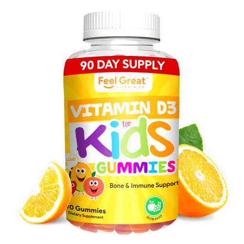 The Feel Great Vitamin Company Feel Great Kids Vitamin D3 1000 IU Gummies | Kids Vitamin D Gummies for Healthy Bones, Mood, & Immune Support | Citrus Flavored Vegetarian D3 Gummies | 90 Day Supply