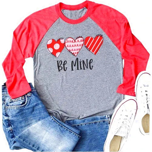 Beopjesk Womens Love Heart Raglans T-Shirts Casual Long Sleeve Valentine's Day Graphic Tees Tops