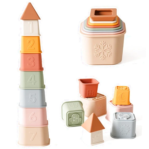 YIVEKO Baby Stacking Cups Toy, Silicone Stacking Tower, Silicone Soft Teething Toy Educational Baby Toys, Baby Building Toys Blocks, 6 Months+, 8 Pcs Set-Gentle