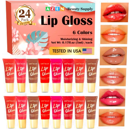 AZEN 24 Pack Lip Gloss Set, Lip Oil for Dry Cracked Lips Moisturizing Hydrating Nourishing with Vitamin E