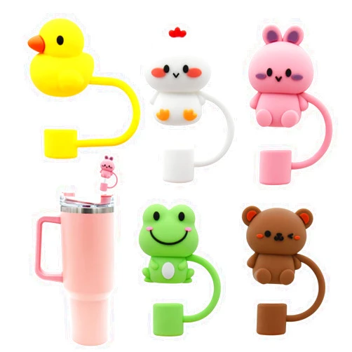 Meitesti Straw Cover Cap for Stanley Cup,Silicone Straw Topper Compatible with 30&40 Oz Tumbler with Handle,10mm 0.4in Dust-Proof Reusable Straw Tips Lids (5Pcs Straw Cover Animal shape)