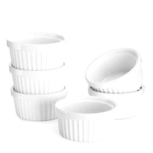 Sweese 4 oz Ramekins Set of 6, Creme Brulee Ramekins Oven Safe, Porcelain Ramiken Set, Souffle, Custard Cups for Baking and Dipping Sauces Bowls, White