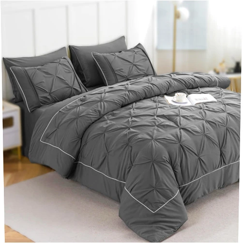 Sophia & William Queen Size Comforter Set, 8 Pieces Pinch Pleat Bedding Set, All-Season Pintuck Comforter with Insertion Strip, Grey