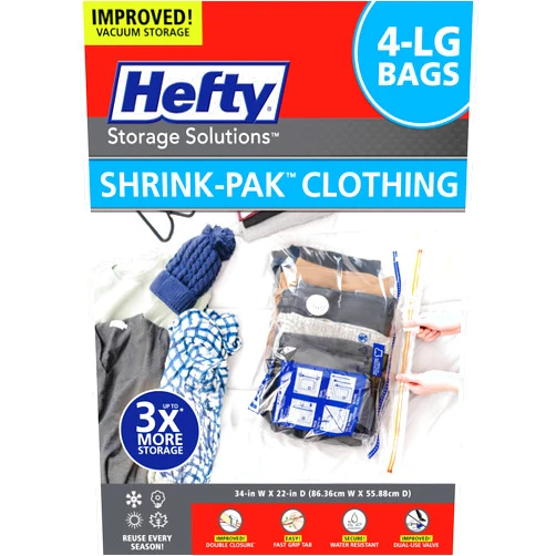 Shrink-Pak Hefty Shrink-Pak Vacuum Storage Bags – For Clothes, Pillows, Towels, Blankets & More – Space Saver Vacuum Suction Sealer Bags for Home or Travel – 4 Large Bags, 34 x 22 Inches
