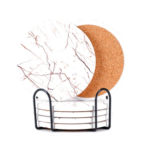 Hoewina 6Pcs Drink Coasters with Holder, Marble Style Ceramic Drink Coaster, Absorbent Coasters Set Suitable for Kinds of Cups, Modern Style Coasters for Coffee Table, 4 Inches（Natural）