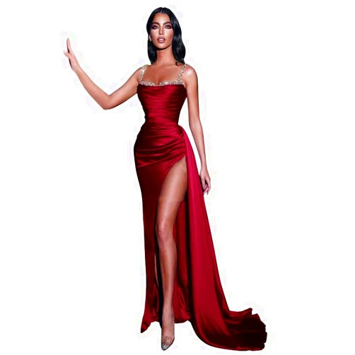 Memphty Sequin Spaghetti Straps Satin Prom Dress Mermaid Bridesmaid Dresses with Slit for Women