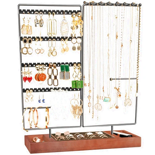 ProCase Jewelry Organizer Stand Earring Holder Organizer, 6 Tiers Earring Organizer Tree Necklace Rack Jewellery Tower Bracelets Holder Storage with Removable Wooden Ring Tray for Women Girls -Black